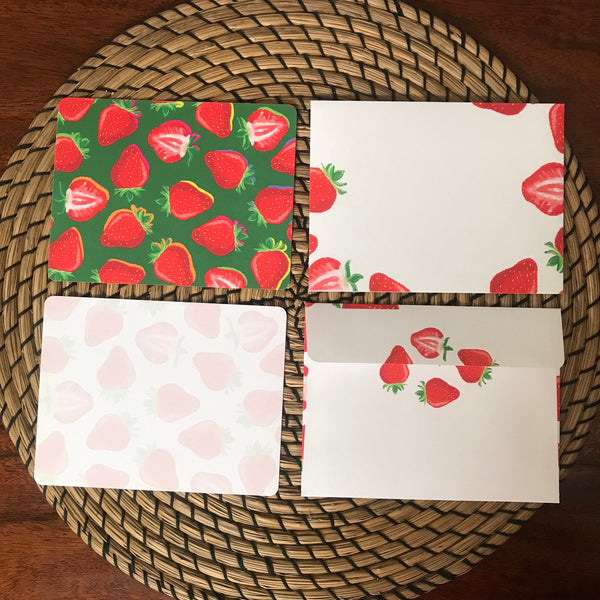 Fruit Pattern Stationery Notecard Set (5 cards) - Lychee, Dragon Fruit, Strawberries, Grapefruit